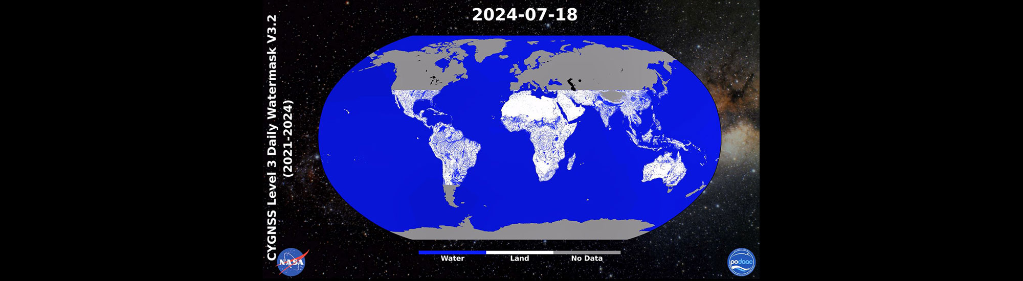 This graphic illustrates information gathered from the UC Berkeley CYGNSS Level 3 Daily RWAWC Watermask Version 3.2 dataset