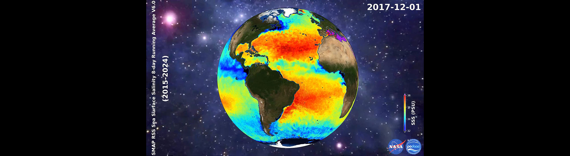 This graphic illustrates information gathered from Sea Surface Salinity 8-Day Running Mean from SMAP RSS V6.0 (2015-2024)